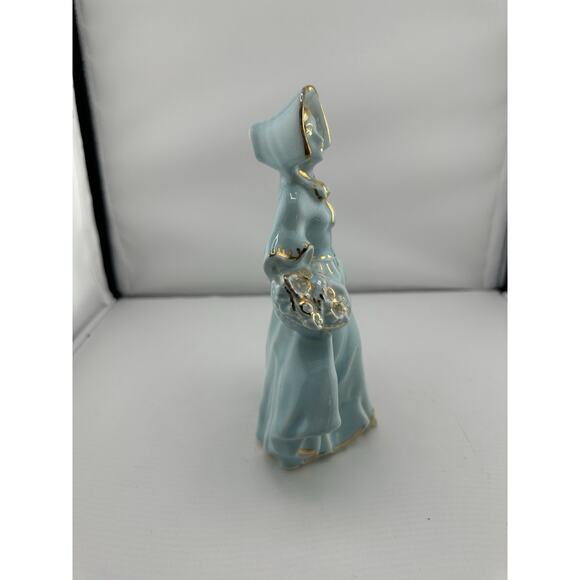 Vintage Porcelain Victorian Style Lady w/ Baskets Figurine Turquoise Glaze Gilt - Picture 4 of 9